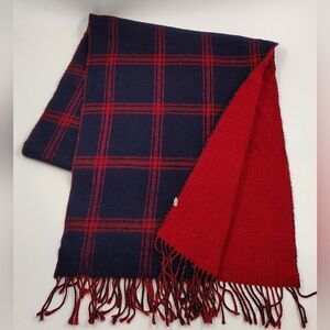 Vintage Wool Navy & Red Plaid Men's Fringe Scarf Unisex Womens